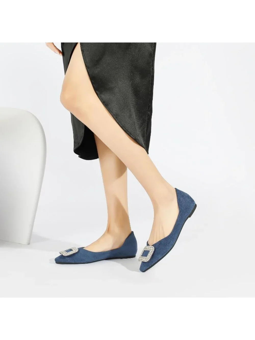 Women's Blue Suede Pointed Toe Rhinestone Ballet Flats Slip On Party Dress Shoes